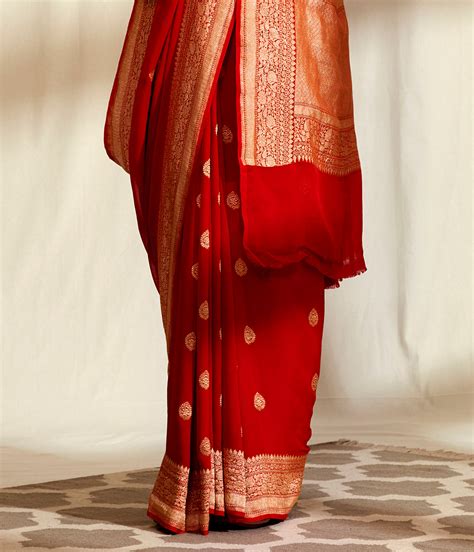 Handwoven Banarasi Georgette Saree in Red with Kadhwa Booti – WeaverStory