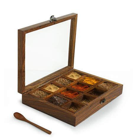 Buy Homefrills Rectangle Spice Box with Spoon in Sheesham Wood Multi ...