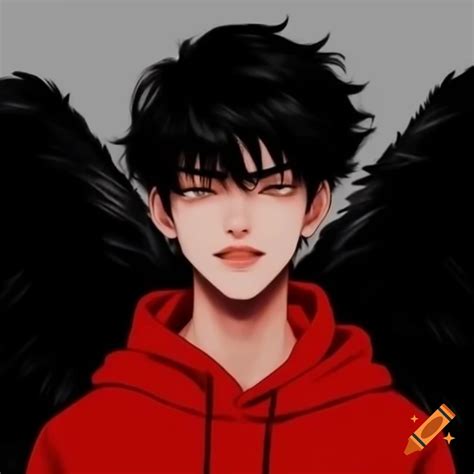 Adult male with large black wings in red hoodie on Craiyon