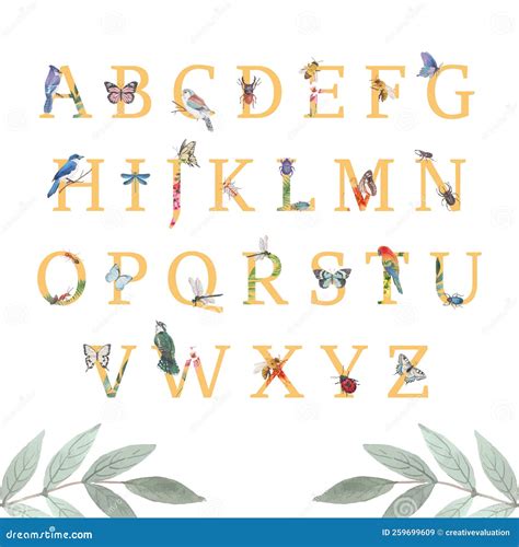 Insect and Bird Alphabet Design with Butterfly, Beetle, Bird Watercolor ...