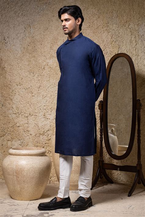 Buy Navy Blue Cotton Silk Kurta Set for Men at ScrollnShops