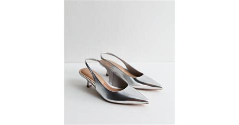 Silver Slingback Kitten Heel Court Shoes | New Look