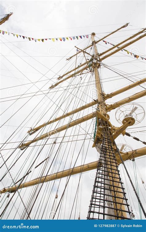 Mast of Ship Detailed Rigging with Sails Vintage Sailing Ship Block and ...