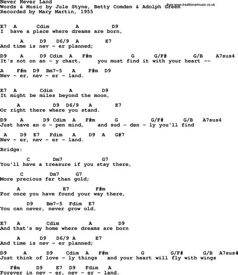 Song lyrics with guitar chords for Never Neverland - Mary Martin, 1955