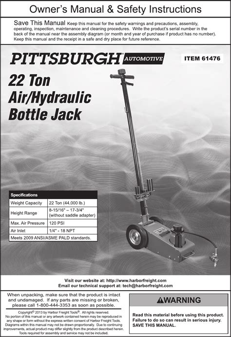 Harbor Freight 22 Ton Air Hydraulic Floor Jack Product Manual