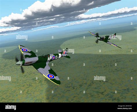 Two British fighter planes of World War II over a landscape Stock Photo ...