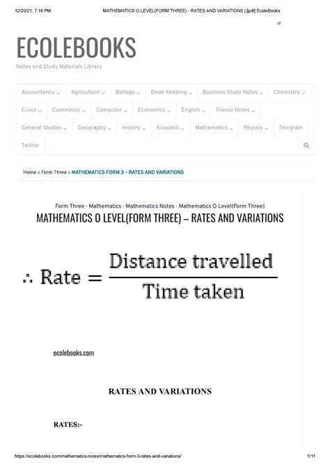 Mathematics - Rates AND Variations - Form Three • Mathematics ...