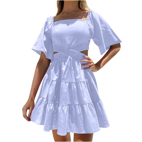 Mrat Womens Short Sleeve Dress Squares Collar Solid Short Dress Elastic ...