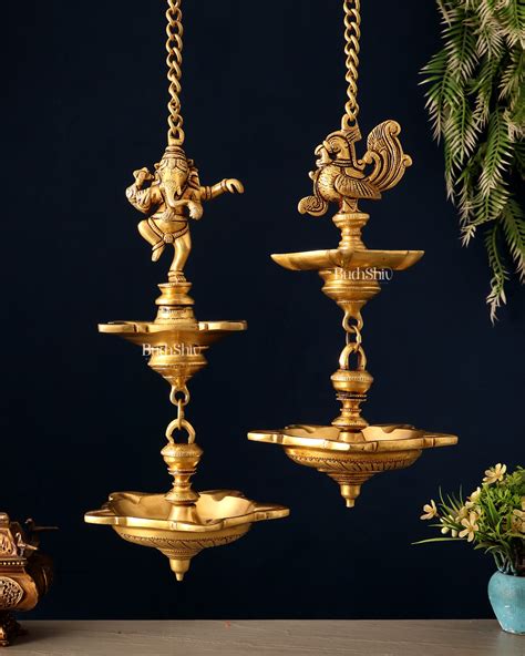 Budhshiv.com Brass Dancing Ganesha & Peacock Hanging Lamps 27 inch