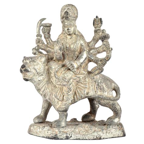 Brass Durga Statue For Navratri Puja With Silver Finish