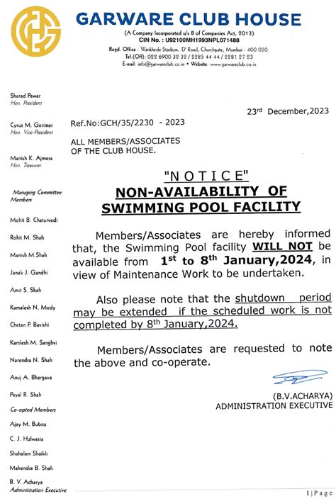 Non-availability of Swimming Pool - 1st to 8th January 2024 - Garware ...