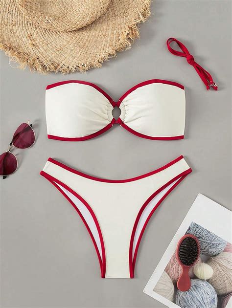 Swim Mod Women Sweet Girl Pink Color Block Hem Bandeau Bikini Swimwear ...