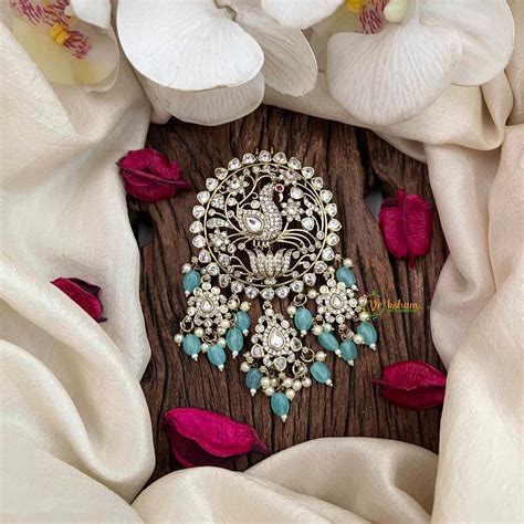 Vriksham Elegant Peacock Victorian Diamond Jada Billai Aqua Green Bead ...