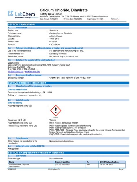 Calcium Chloride, Dihydrate: Safety Data Sheet | PDF | Firefighting ...