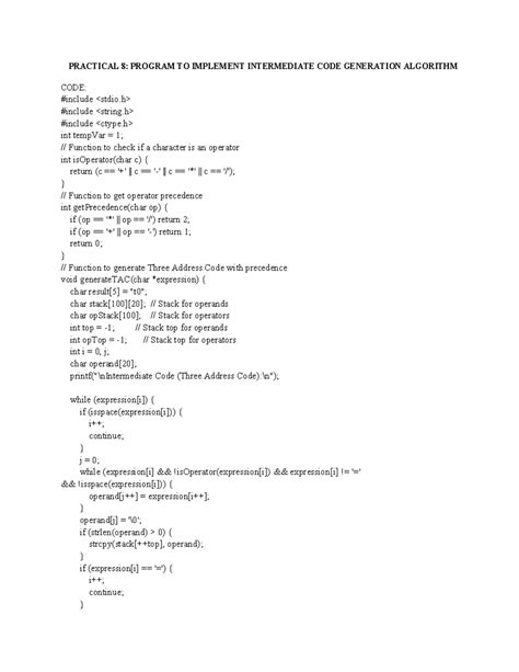 SPCC PRAC8: Intermediate Code Generation Algorithm Implementation - Studocu