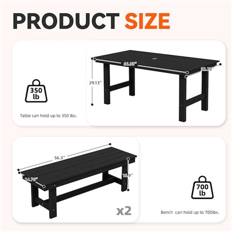 JEAREY 3-Piece Set Table with Umbrella Hole and Two 2-Person Benches 3 ...