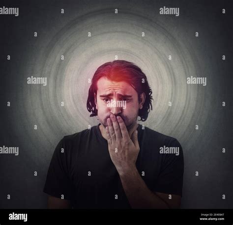 Disgust emotion, man covers mouth with his hand not to vomit isolated ...