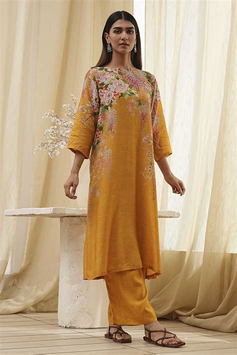 Buy Mustard Yellow Floral Straight Kurta Set Online at Biba India