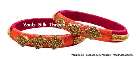 Yaalz Silk Thread Rich Gold Stone Medium Bangle Pair In Pink & Peach O