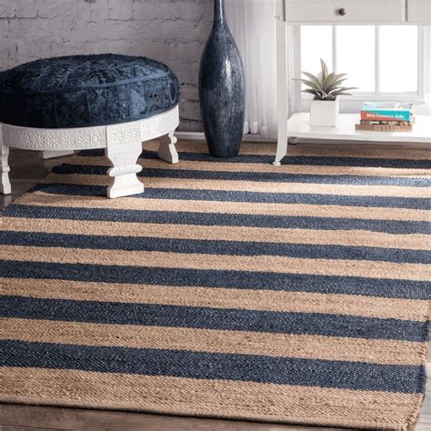 DN HANDICRAFT Natural Fiber Rectangular Boho Rug Blue Brown Jute Runner ...