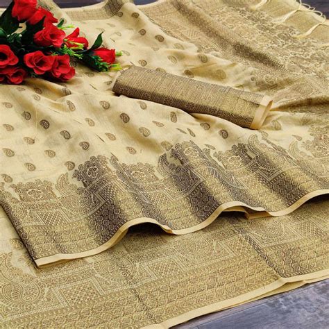 Cream Festive Wear Woven With Meena Butta Rich Pallu Cotton Saree