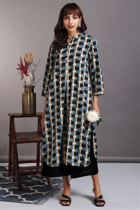 stand collar kurta with round hem - turkish blue & chequered strokes ...
