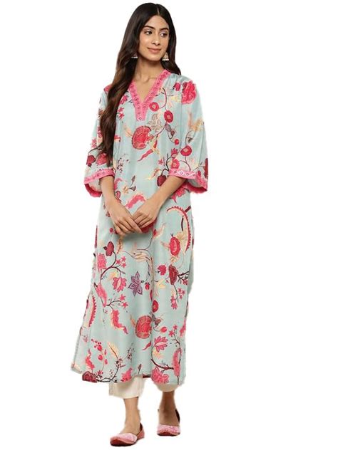 Buy Varanga Women's Light Blue Cotton Printed Regular Kurta with Pink ...