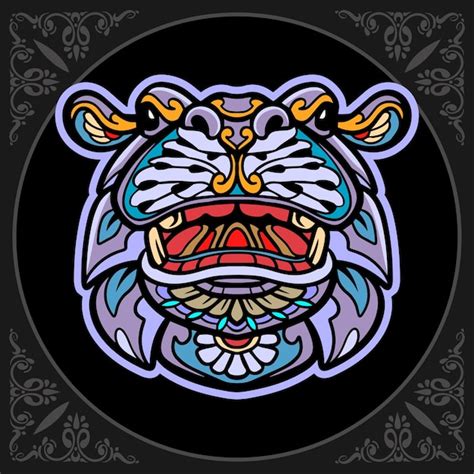 Colorful hippopotamus zentangle arts isolated on black background ...