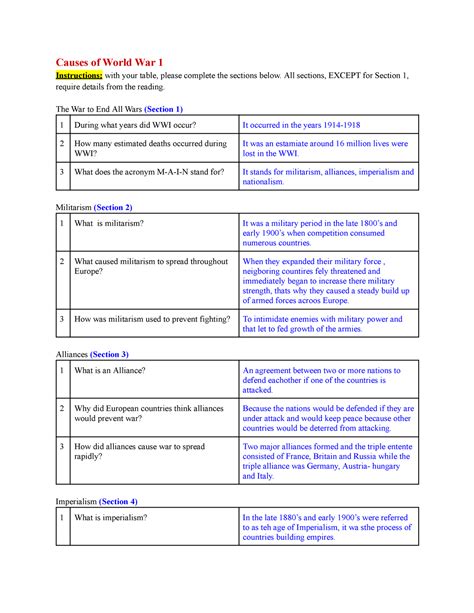 Causes of World War I - Causes of World War 1 Instructions: with ...