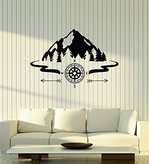 Amazing Home Decor-Large Vinyl Wall Decal Mountains Compass Camping ...