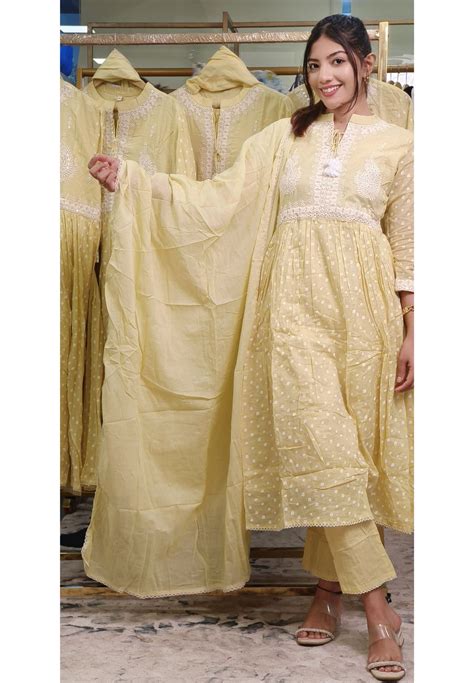 Golden Glow Light Yellow Chikankari Embroidered Anarkali Cotton Kurta