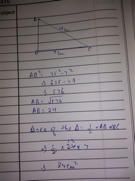 find the area of a right triangle ABC with base BC = 7 CM and ...