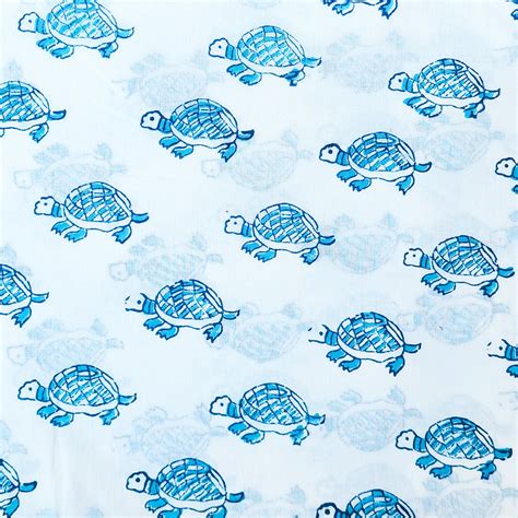 Pure Cotton Jaipuri White With Blue Tortoise Motif Hand Block Print Fa ...