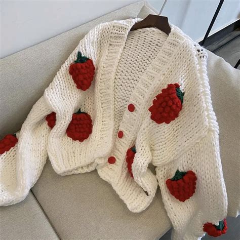 Cute three-dimensional strawberry cardigan long-sleeved sweater Fabric ...