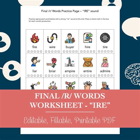 Final /R/ Words “IRE” Sound Worksheet for Speech Therapy (editable ...