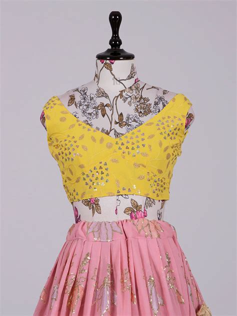 Pink Color Thread And Sequins Embroidered Work Georgette Leh