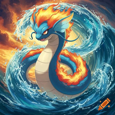 A blue creature with orange fiery mane and tail wraps through swirling ...