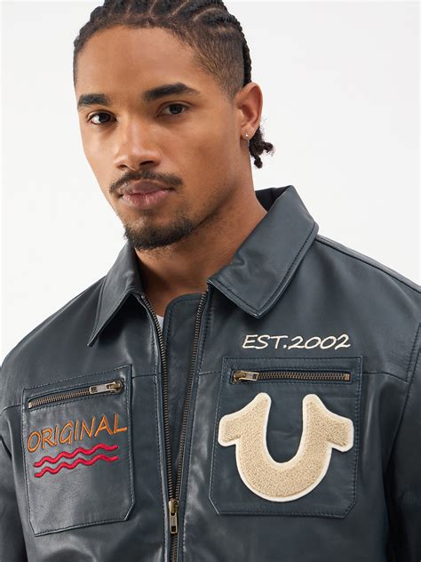 TRUE RELIGION Men Blue Embroidered Leather Jacket | Jacket For Men ...