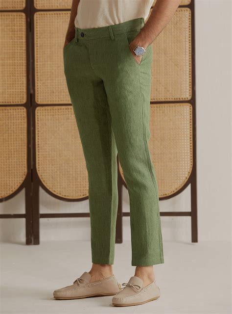 Buy Sage Linen Pants | Casual Olive Solid Pant for Men Online | Andamen