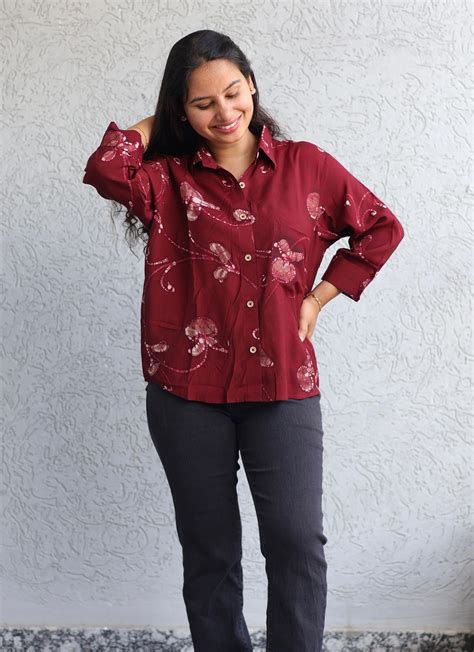 Maroon Hand drawn pen batik shirt – Looms & Tassels