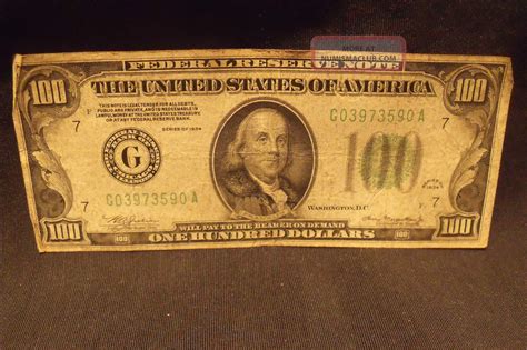 1934 $100 Dollar Bill Federal Reserve Note One Hundred Dollars Bank Of ...