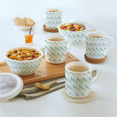 Cello Opalware Midori Mugs and Bowl Set, Bubble Drop, Set of 6, White ...