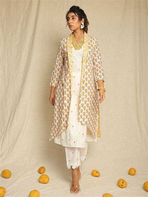 Yellow White Hand Block Printed Cotton Mirror Work Dress