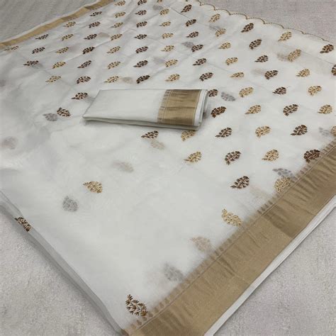 White Floral Embroidered Cotton Silk Saree Woven Border