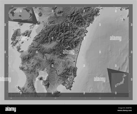 Miyazaki, prefecture of Japan. Grayscale elevation map with lakes and rivers. Locations of major ...