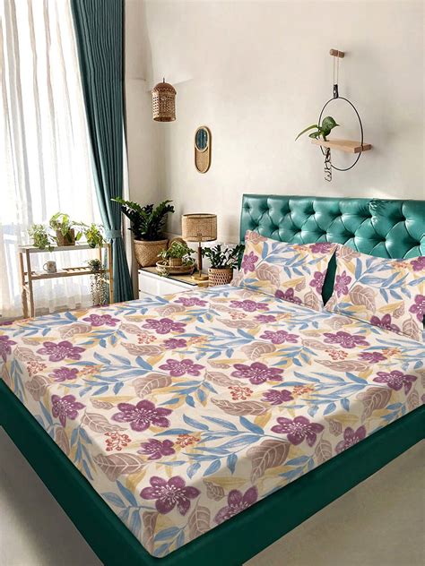 Multi Floral 300 TC Cotton Blend Double Bedsheet with 2 Pillow Covers ...