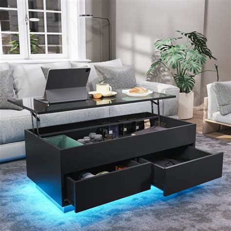 HOMMPA Modern Lift Top Coffee Table, Hidden Storage, LED Lights, High ...
