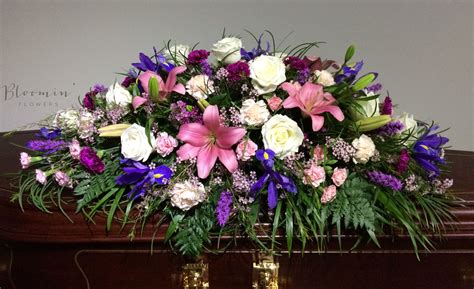 Double ended casket spray, enchanted garden. Blues, whites, purples and ...
