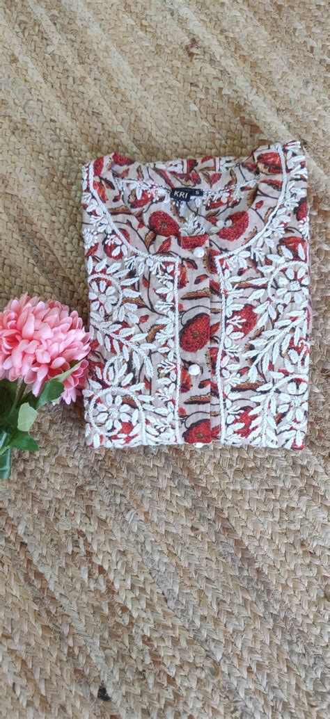 Red Blue Printed Cotton Chikankari Kurta – Desire Label