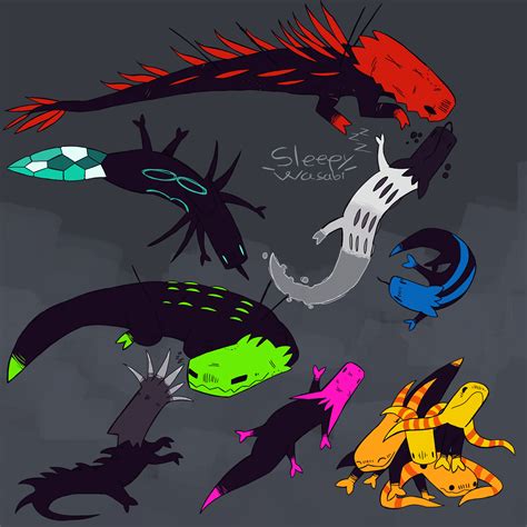 SleepyWasabi's Art - All the original Lizard types from Rainworld